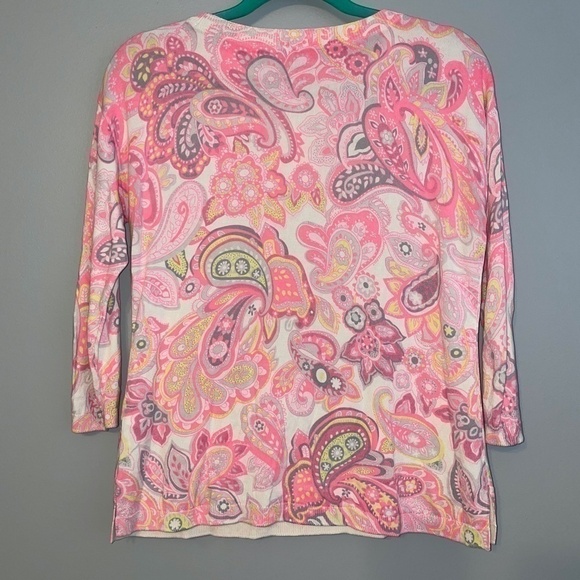 EUC Talbots Neon Pink Paisley 3/4 Sleeve Knit Sweater Size Small Petite - Picture 3 of 5